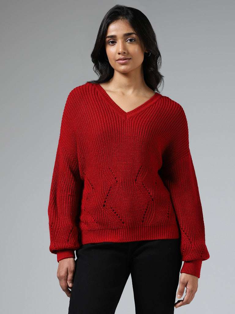 Buy LOV Red Pointelle Knit Sweater from Westside