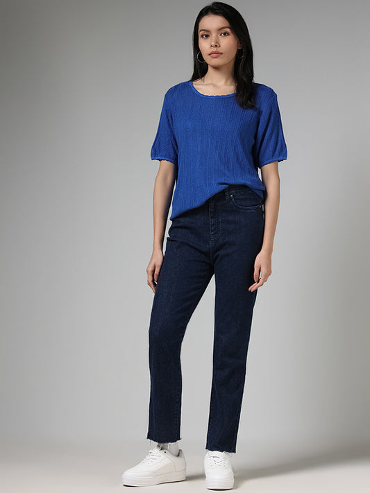 LOV Cobalt Blue Self-Striped Knitted Top