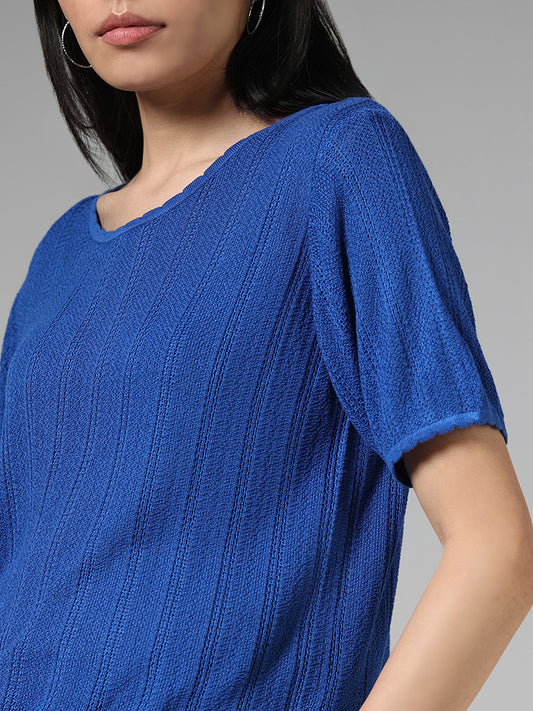 LOV Cobalt Blue Self-Striped Knitted Top