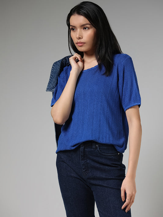 LOV Cobalt Blue Self-Striped Knitted Top