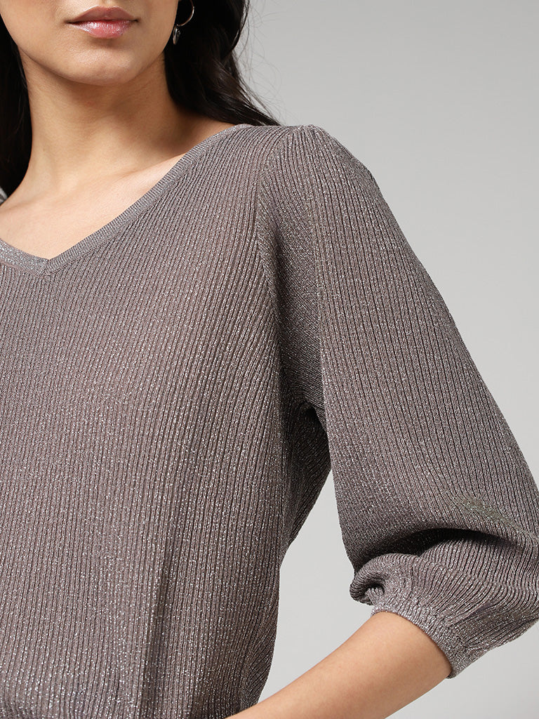 LOV Grey Fluted Shimmer Sweater