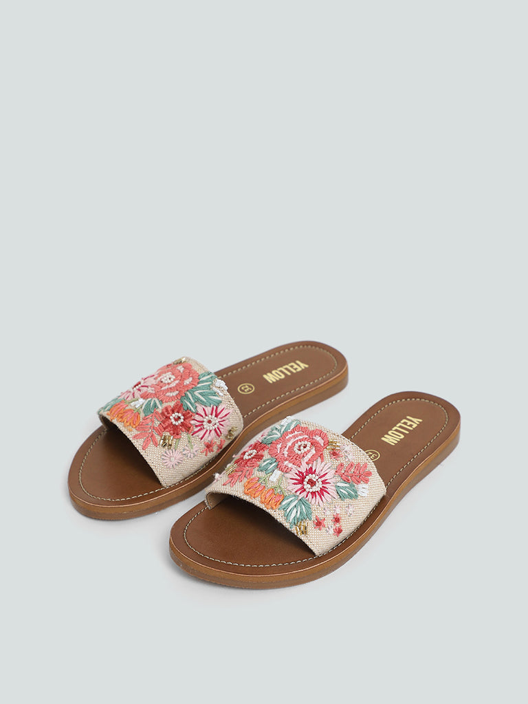 Yellow Multicolored Floral Embroidered Slides