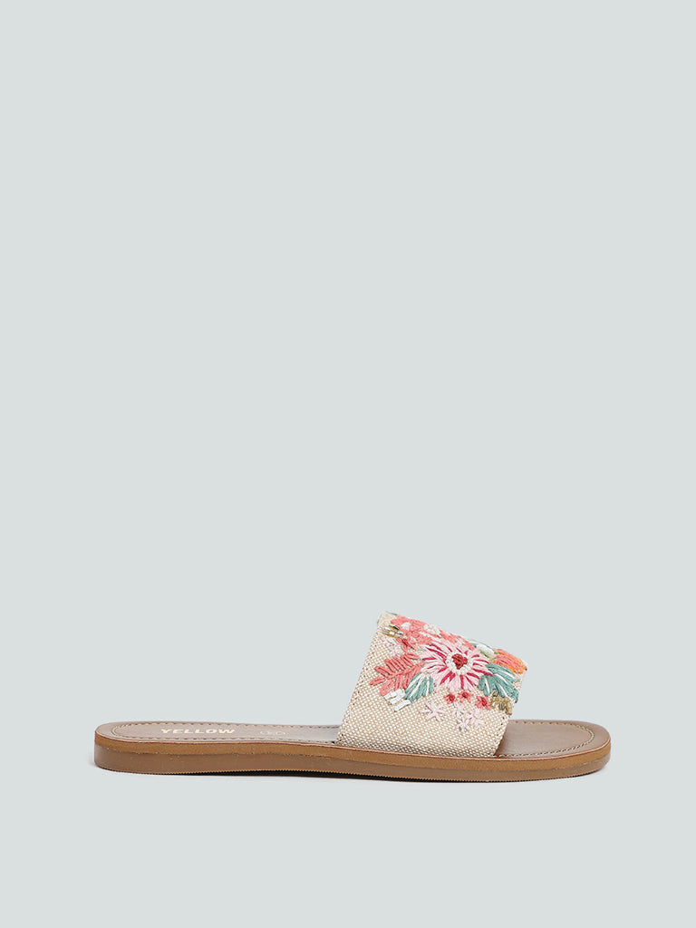Yellow Multicolored Floral Embroidered Slides