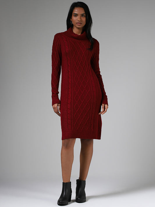 LOV Burgundy Cable-Knit Sweater Dress