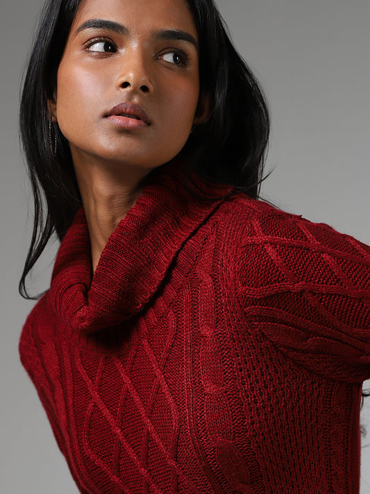 LOV Burgundy Cable-Knit Sweater Dress