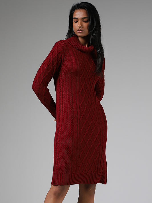 LOV Burgundy Cable-Knit Sweater Dress