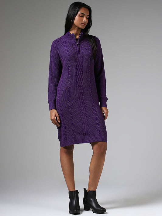 LOV Purple Cable-Knit Zipper Sweater Dress