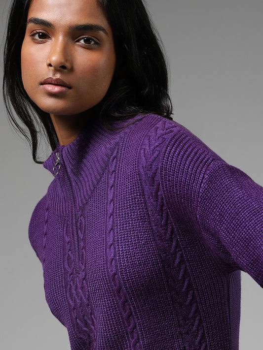 LOV Purple Cable-Knit Zipper Sweater Dress