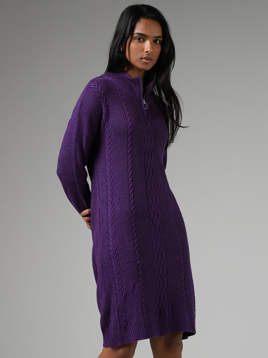 LOV Purple Cable-Knit Zipper Sweater Dress