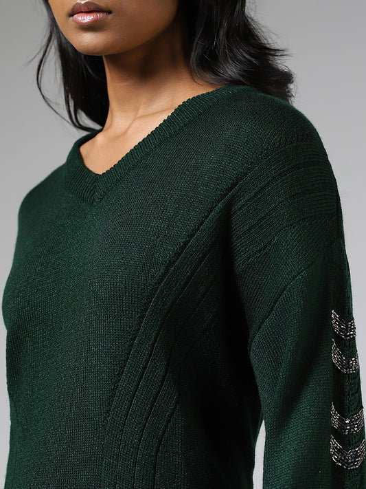 LOV Forest Green Embellished Sleeve Sweater Dress