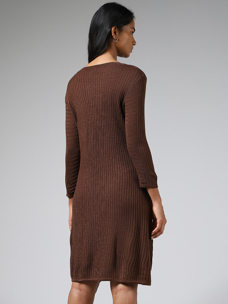 LOV Chocolate Brown Crisscross Striped Sweater Dress