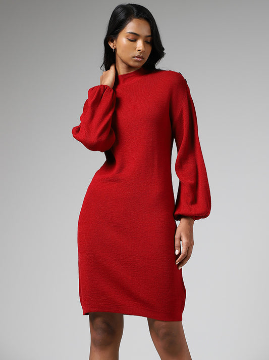 LOV Red Button Accent Sweater Dress
