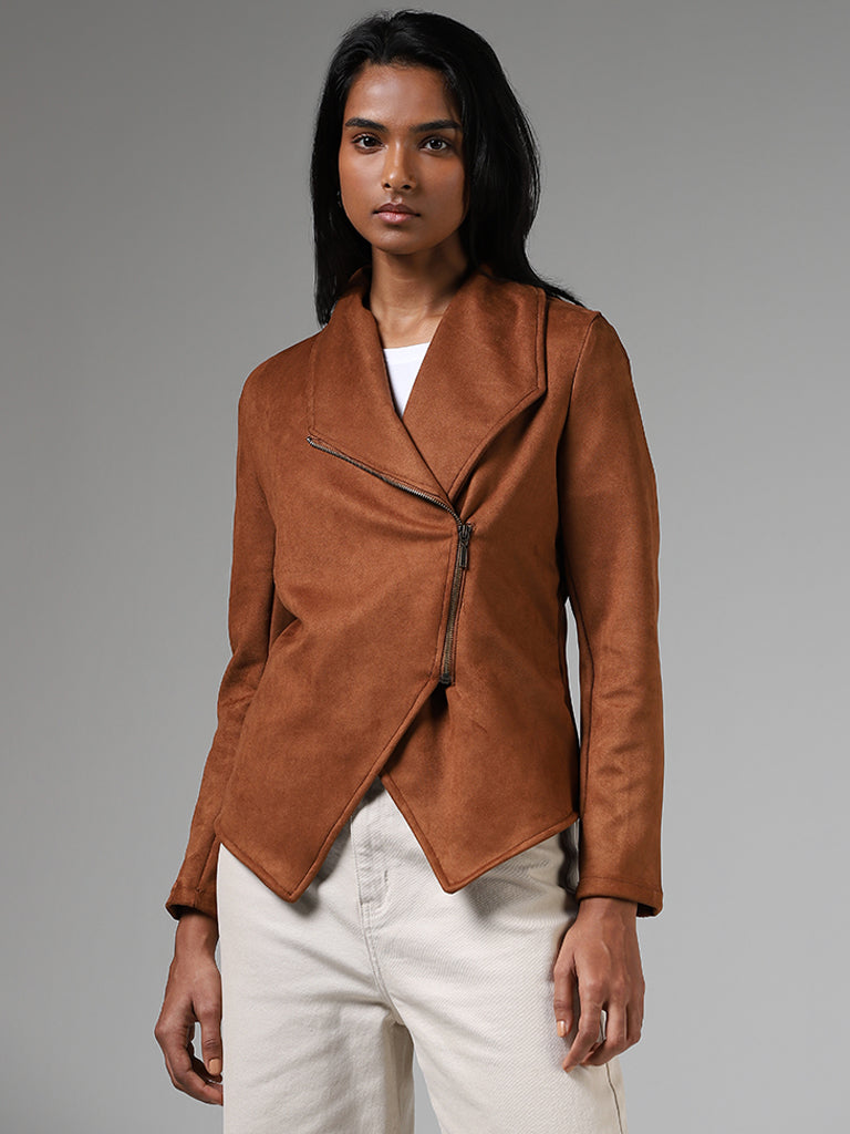 LOV Tan Brown Asymmetrical Zipper Suede Jacket