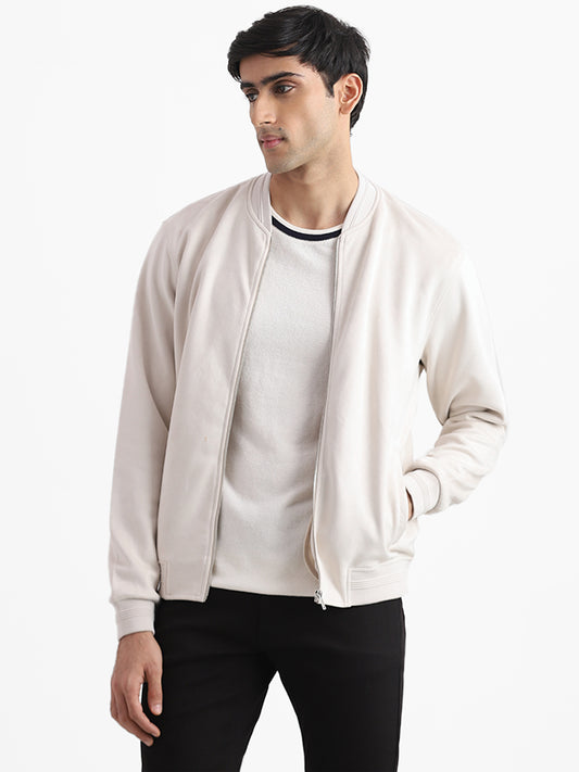 Ascot Ribbed Front Open Off-White Jacket