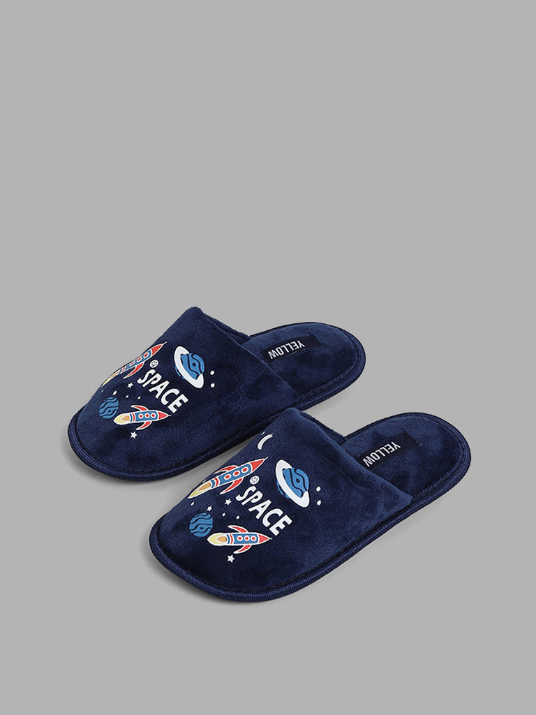 Yellow Navy Space Printed Faux Fur Slippers