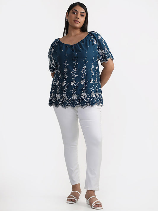 Gia Curves Teal Embroidered Blouse