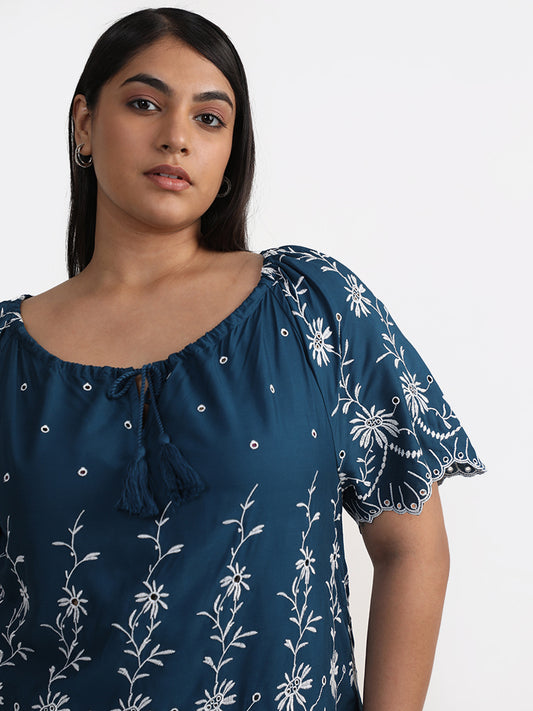 Gia Curves Teal Embroidered Blouse