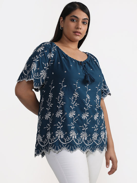 Gia Curves Teal Embroidered Blouse