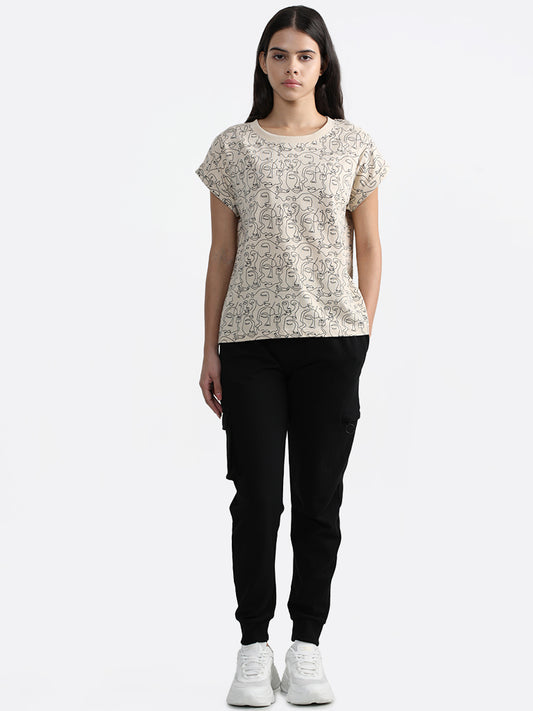 Studiofit Cream Face Printed Cotton T-Shirt