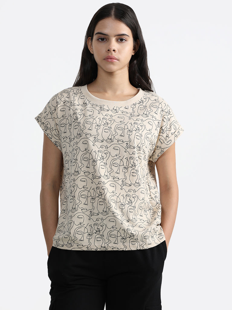 Studiofit Cream Face Printed Cotton T-Shirt