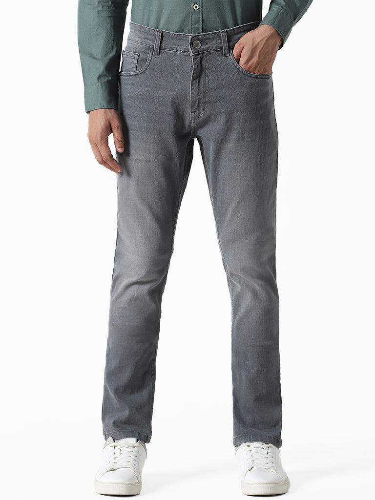 WES Casuals Solid Light Grey Slim Fit Mid Rise Denim Jeans
