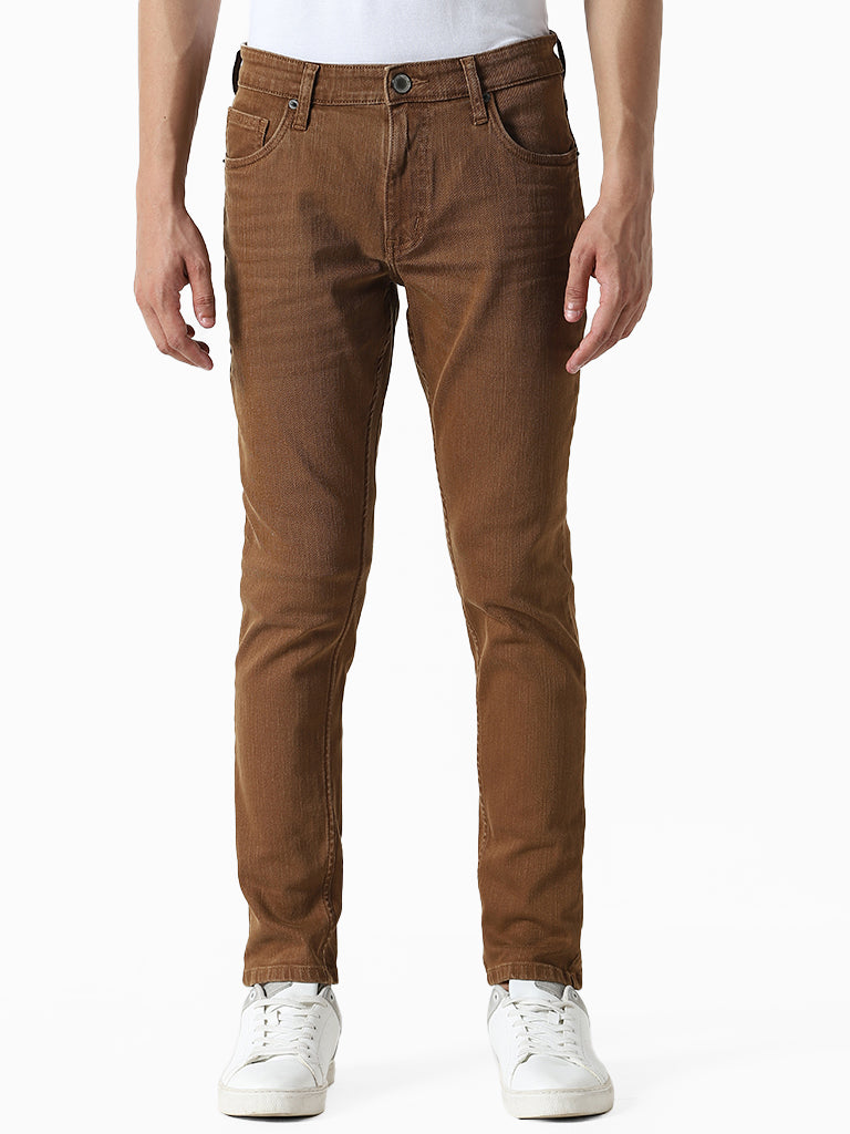 WES Casuals Solid Brown  Denim Slim Fit Mid Rise Jeans