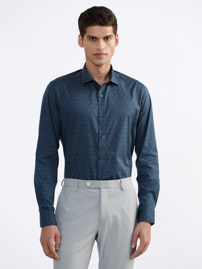 WES Formals Printed Indigo Slim Fit Shirt