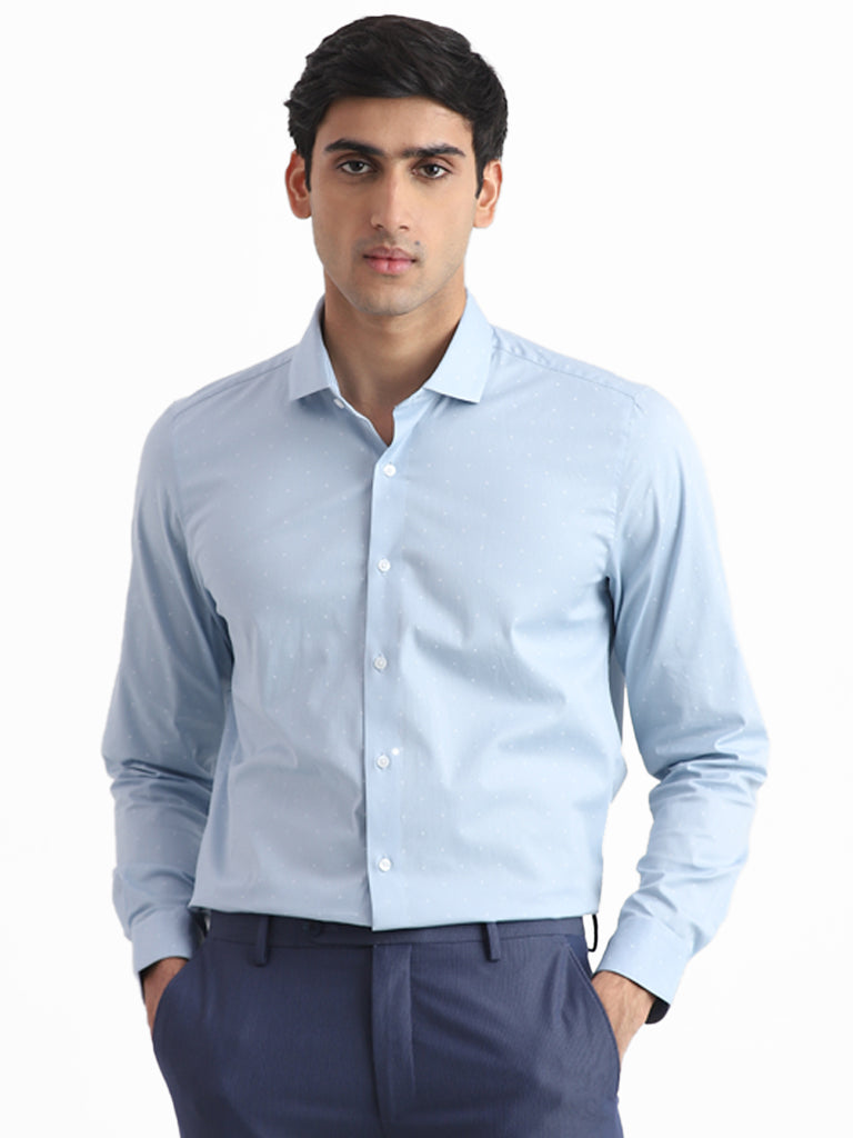 WES Formals Printed Light Blue Slim Fit Shirt