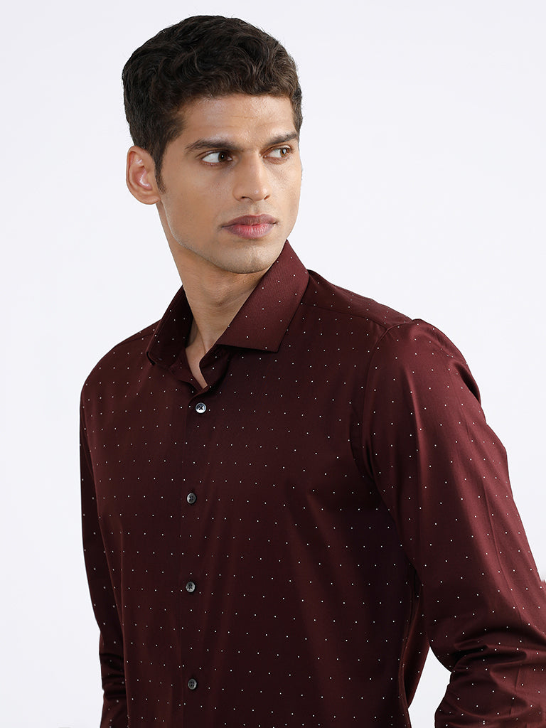 WES Formals Printed Wine-Colored Slim Fit Shirt