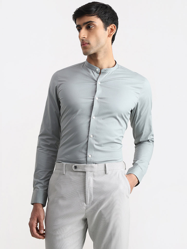 WES Formals Solid Sage Cotton Blend Ultra Slim Shirt