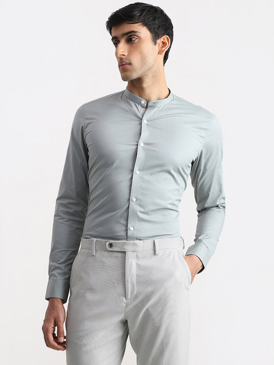 WES Formals Solid Sage Cotton Blend Ultra-Slim Fit Shirt