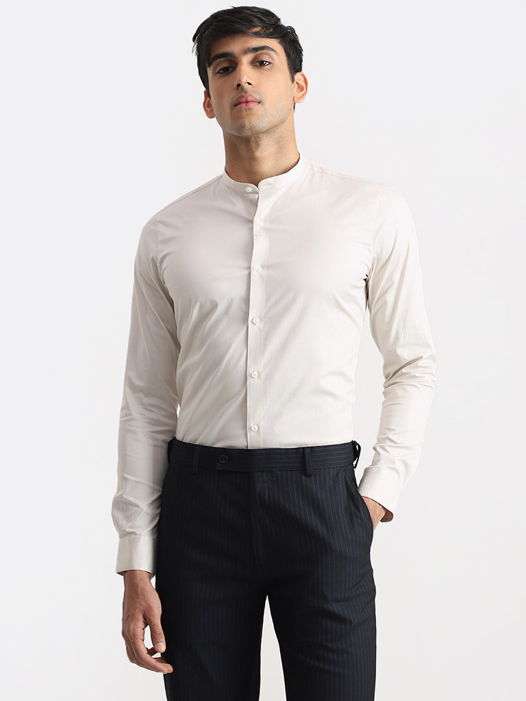 WES Formals Solid Light Cream Cotton Blend Ultra-Slim Fit Shirt