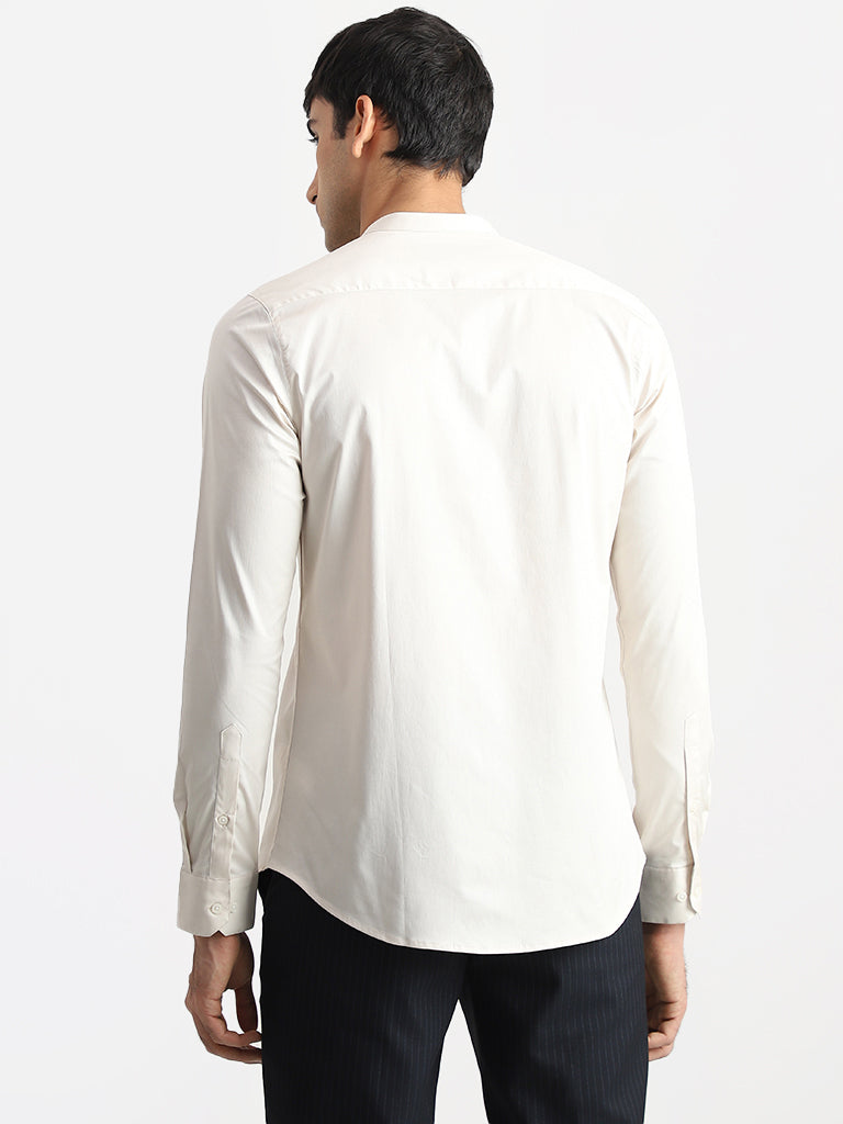 WES Formals Solid Light Cream Cotton Blend Ultra Slim Shirt