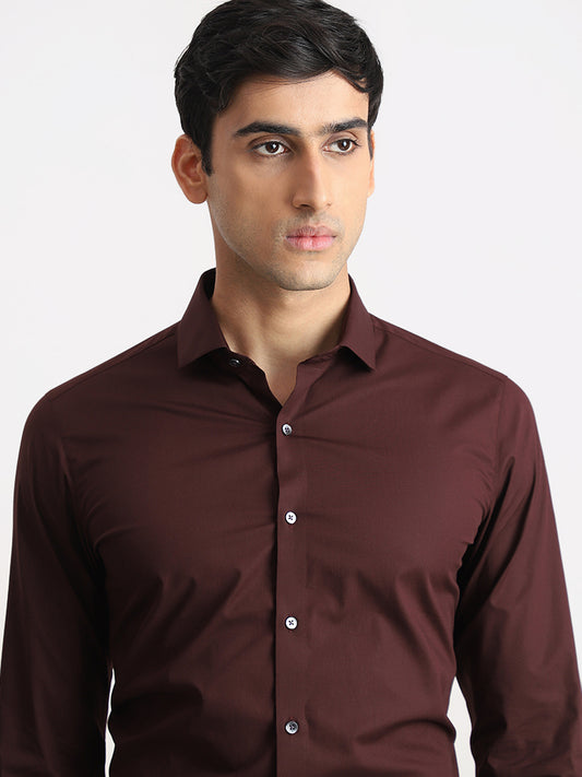 WES Formals Solid Dark Wine Cotton Blend Ultra-Slim Fit Shirt