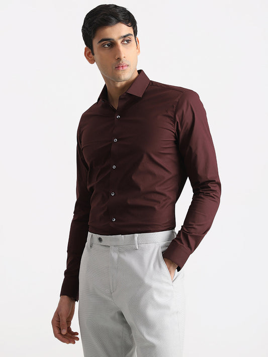WES Formals Solid Dark Wine Cotton Blend Ultra-Slim Fit Shirt
