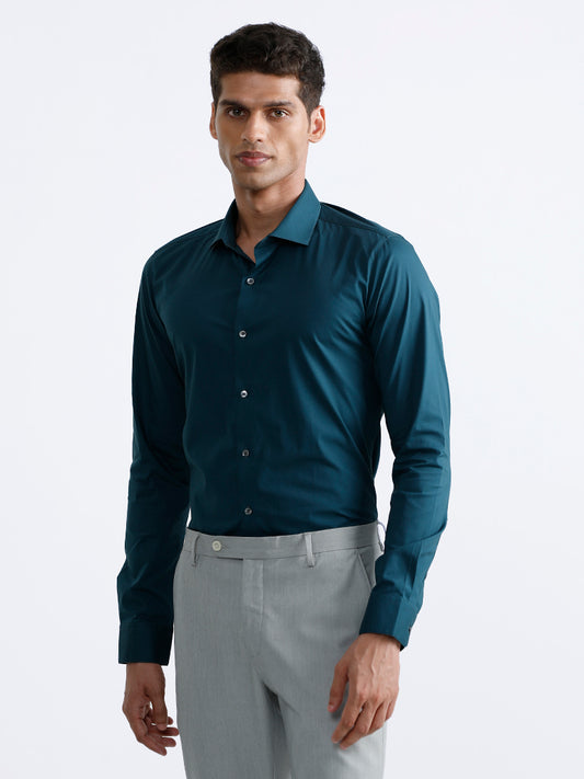 WES Formals Plain Dark Teal Cotton Blend Ultra-Slim Fit Shirt