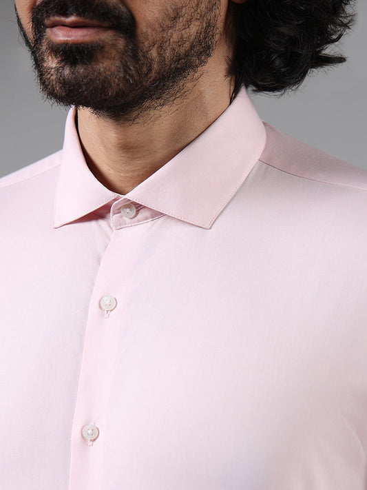 WES Formals Solid Light Pink Cotton Blend Ultra-Slim Fit Shirt