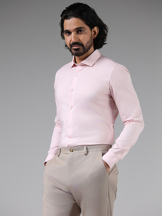 WES Formals Solid Light Pink Cotton Blend Ultra-Slim Fit Shirt