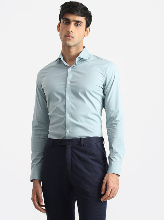 WES Formals Solid Light Teal Cotton Blend Ultra-Slim Fit Shirt