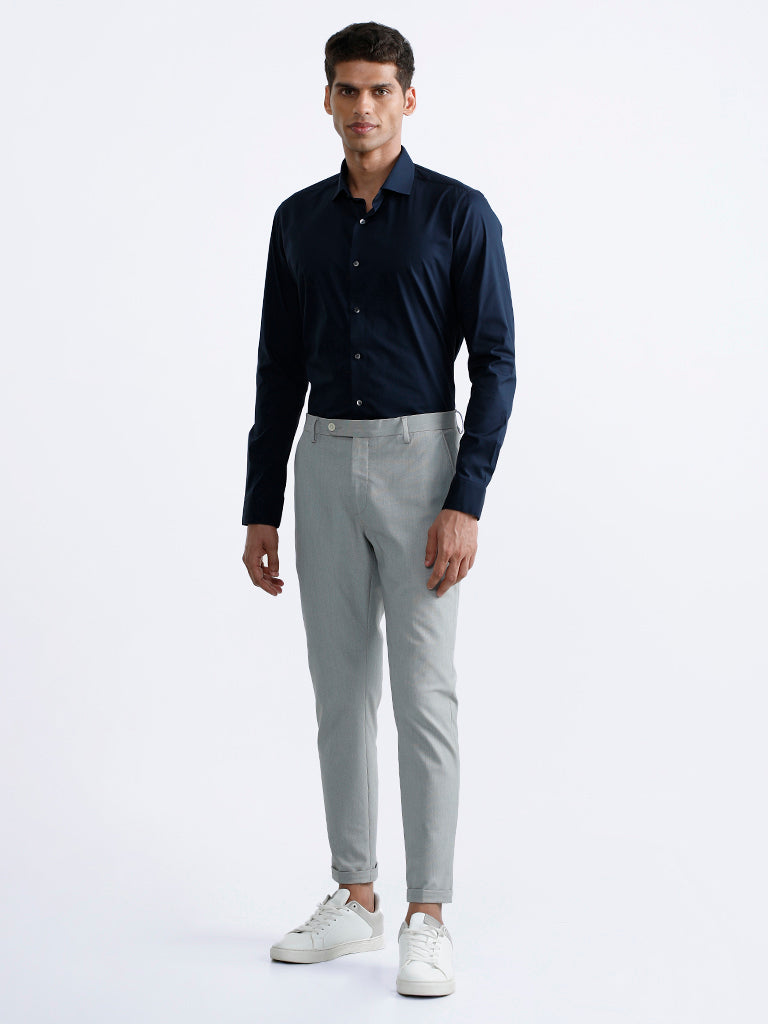 Buy INTUNE Navy Textured Polyester Blend Slim Fit Men Trousers | Shoppers  Stop
