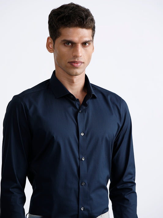 WES Formals Plain Navy Blue Cotton Blend Ultra Slim Fit Shirt