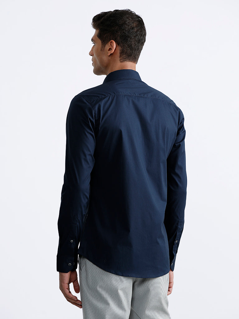 WES Formals Plain Navy Blue Cotton Blend Ultra-Slim Fit Shirt