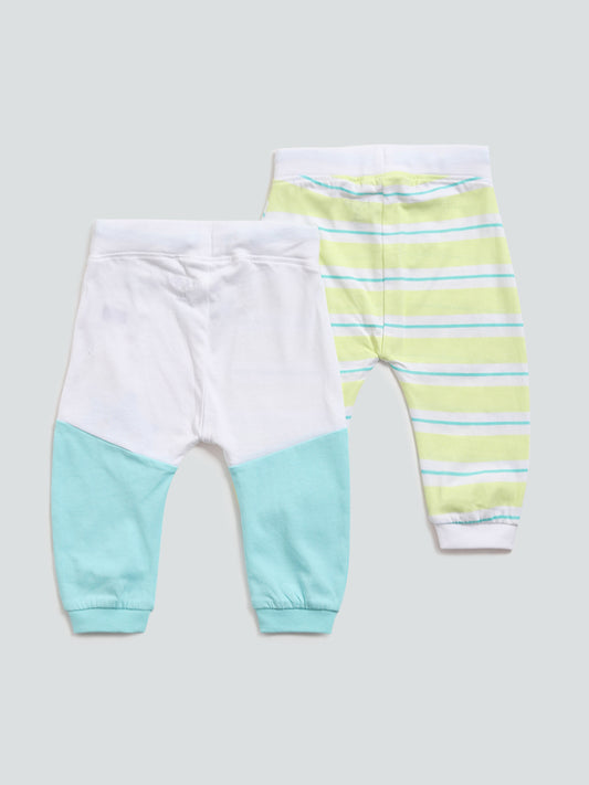 HOP Baby Lime & Blue Monster Printed Joggers - Set of 2