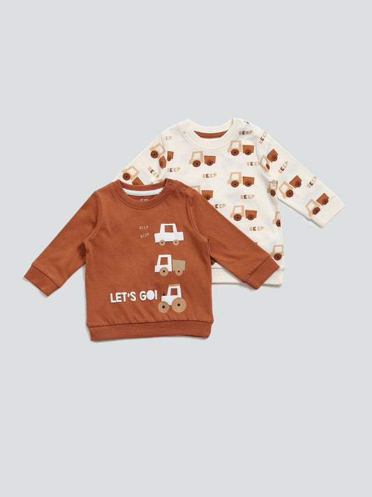 HOP Baby Brown Jeep Printed T-Shirt- Pack of 2