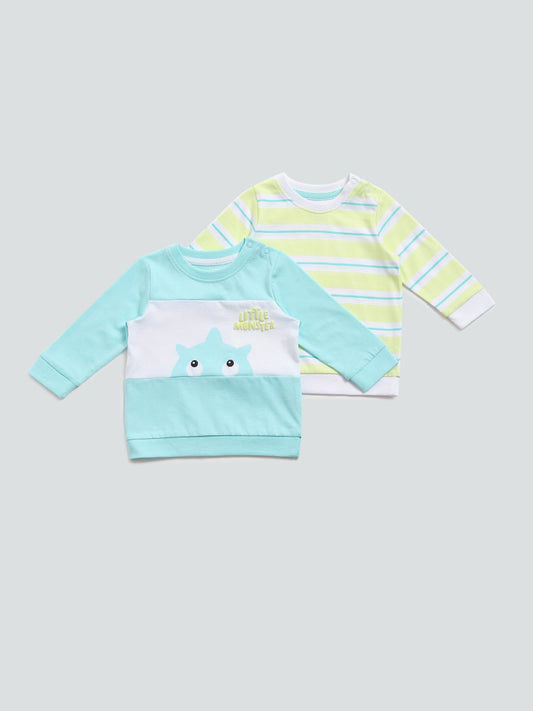 HOP Baby Blue & Lime Monster Printed T-Shirt Set - Pack of 2