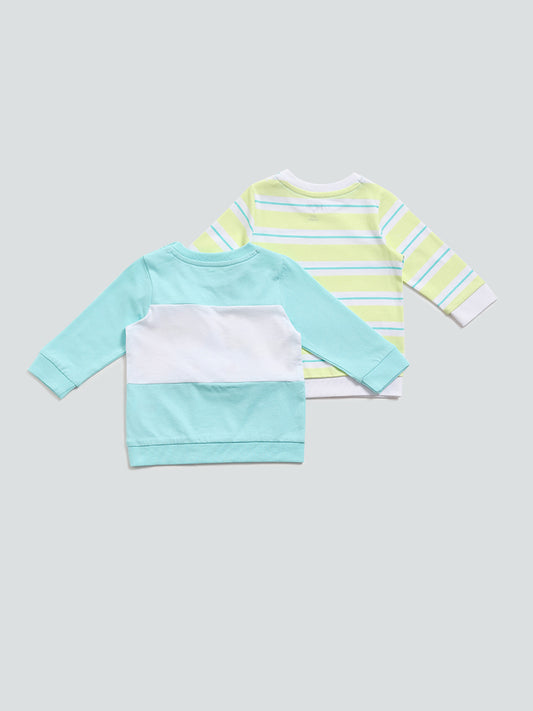 HOP Baby Blue & Lime Monster Printed T-Shirt Set - Pack of 2
