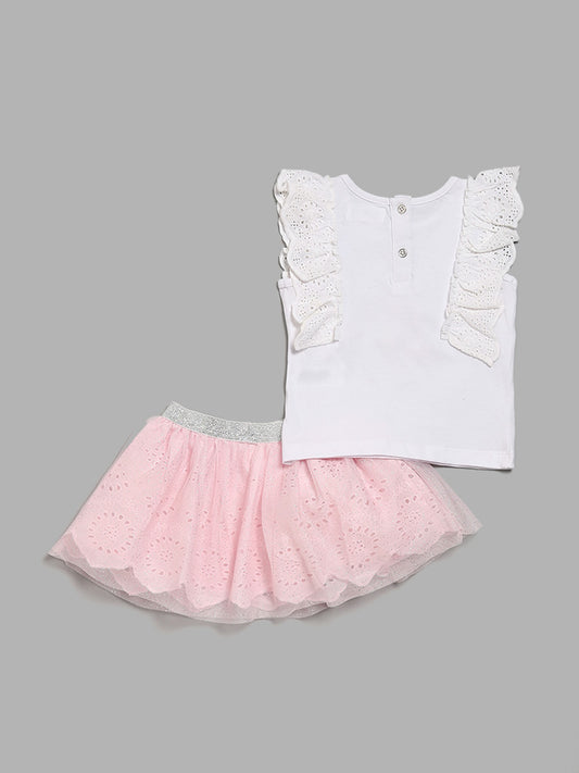 HOP Baby White Schiffli Top and Pink Net Skirt Set