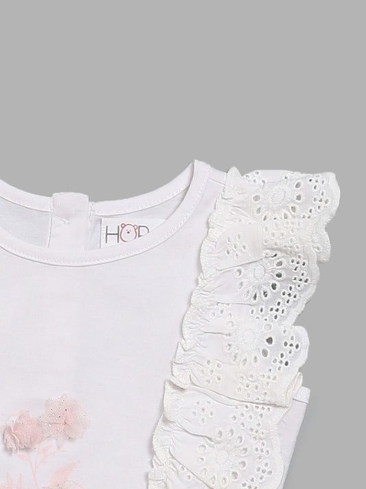 HOP Baby White Schiffli Top and Pink Net Skirt Set