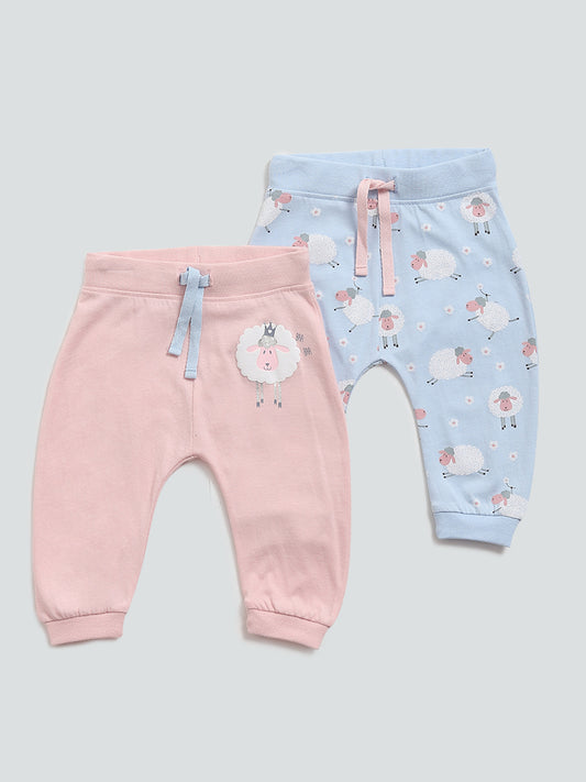 HOP Baby Blue & Pink Sheep Printed Joggers - Set of 2