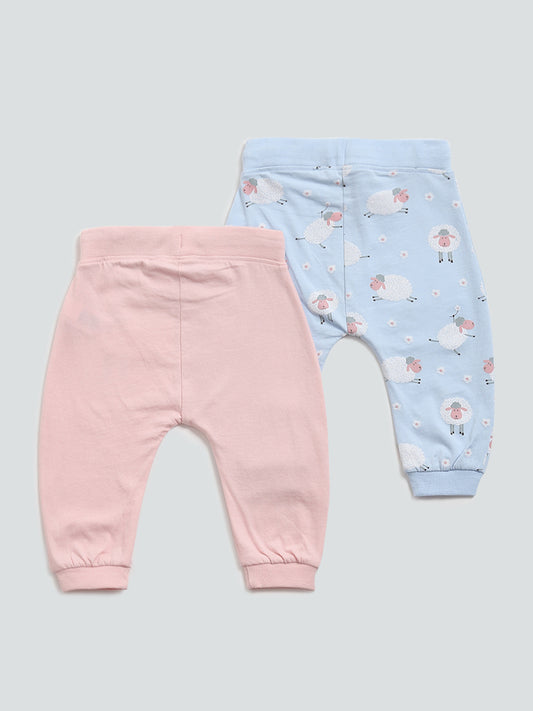 HOP Baby Blue & Pink Sheep Printed Joggers - Set of 2